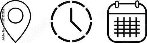 location pin, clock and calendar elements form a clean contact vector illustration. Modern clean vector illustration. Date, time, and location UI icon set with clock
