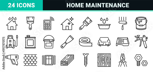 Exterior House Painting and Home Renovation Minimalist Monoline Outline Icon Set for Contractor Estimates and Maintenance Services
