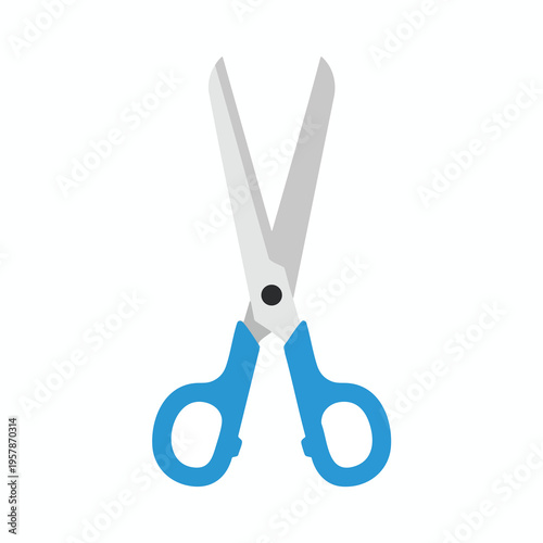 A pair of blue-handled scissors, open with silver blades, on a white background