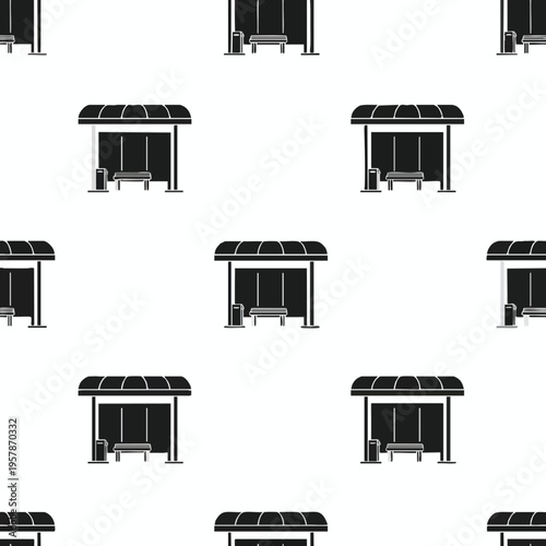 Seamless pattern of stylized bus stops with benches and trash cans