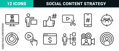 Minimalist monoline digital content creator icons featuring geometric line art symbols for social media marketing and video production.