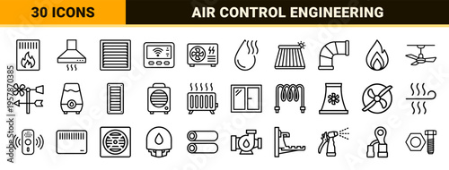 HVAC System Infrastructure and Climate Control Minimalist Monoline Outline Symbols for Technical Engineering and Architecture Design.