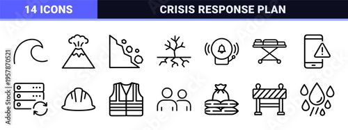 Natural Disaster and Crisis Management Outline Icons Featuring Emergency Response, Data Recovery, and Environmental Catastrophe Symbols.