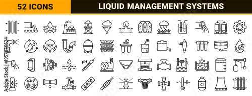 Water Treatment and Industrial Filtration Systems Minimalist Monoline Icon Set, Clean Geometric Line Art for Environmental Engineering.