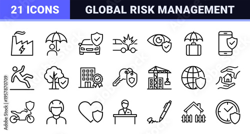 Insurance Risk Management and Financial Protection Minimalist Monoline Geometric Line Art Symbols for Digital Safety and Security Systems