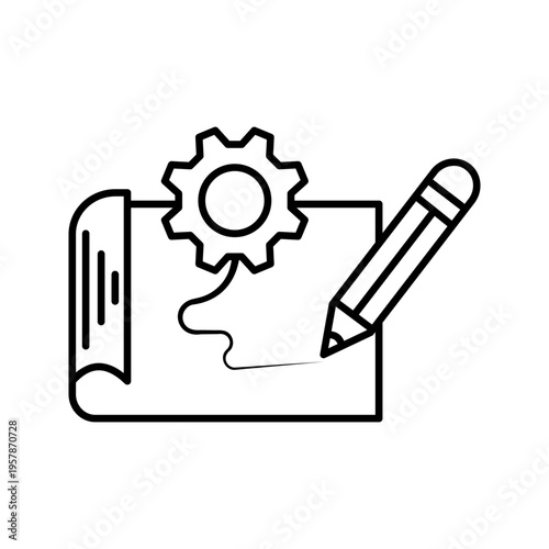 Outline icon illustration of paper scroll with gear and pencil representing creative planning, design process, and project development.