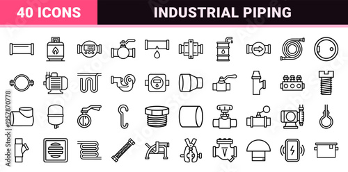 Industrial Pipeline and Plumbing Infrastructure Line Art: Minimalist Geometric Monoline Symbols for Engineering and Water Management