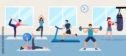 Diverse people training in gym panorama. Athletes do physical exercises with sports equipment indoor in flat design vector illustration