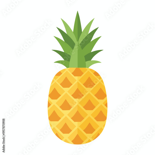 Flat illustration of a whole yellow pineapple with green spiky leaves on a white background