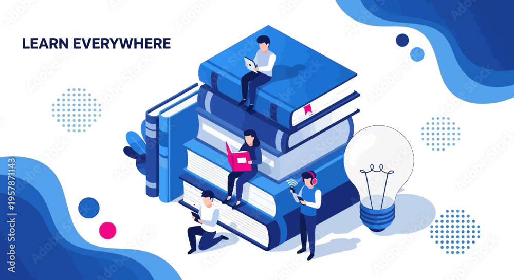 Obraz premium Isometric E-Learning Concept with People Using Digital Devices and Books, Online Education and Lifelong Learning Vector Illustration