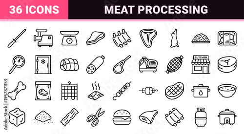 Minimalist Monoline Meat and Butchery Outline Symbols Featuring Geometric Line Art for Professional Culinary and Food Processing Industry