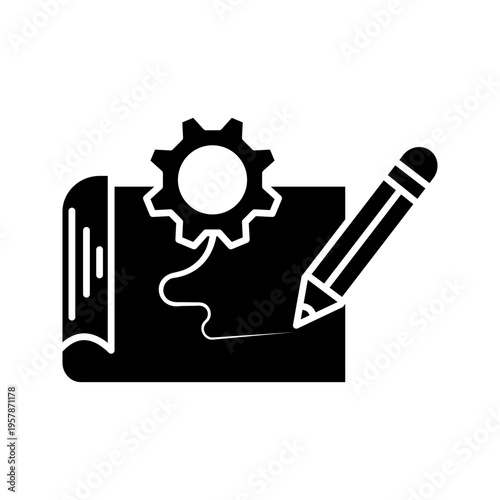 Outline icon illustration of paper scroll with gear and pencil representing creative planning, design process, and project development.