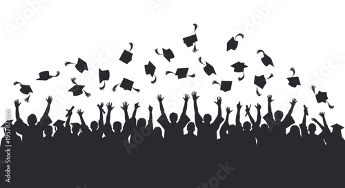 Silhouette of a Group of Graduates Tossing Mortarboards into the Air Against a White Background