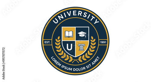 Academic University Seal Logo and Heraldic Crest Emblem with Shield, Book, Graduation Cap, and Laurel Wreath