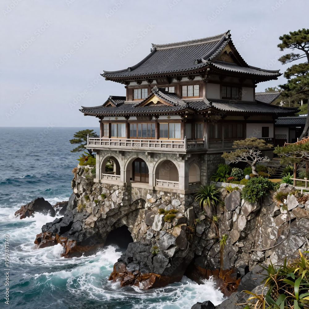 Fototapeta premium Traditional Japanese Ocean Cliff. Ornate House On A Cliff Overlooking The Ocean