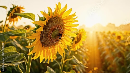 A field of vibrant sunflowers bathed in golden sunlight, with a bee on one, and others in blur