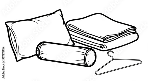 Illustration of Bedding and Hanger - Pillow, Bolster, Blanket, and Hanger.