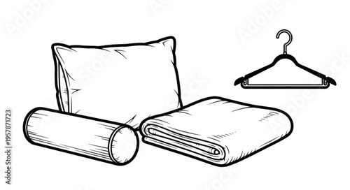 Cozy Comforts - Pillow, Bolster, Blanket, and Hanger Illustration.