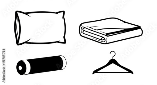 Pillow, Blanket, Yoga Mat, and Hanger Line Art Illustration.