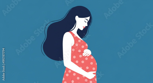 Beautiful illustration of a serene pregnant woman gently cradling her baby bump, embodying the joyous anticipation of motherhood and the miracle of new life, with a sense of calm and tenderness