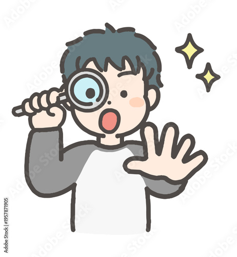ルーペを使って覗き込み、驚く男の子のイラスト