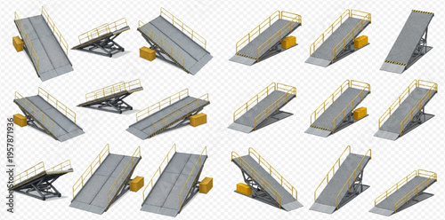Industrial loading ramps and adjustable dock levelers in various angles and elevations for logistics and freight operations.