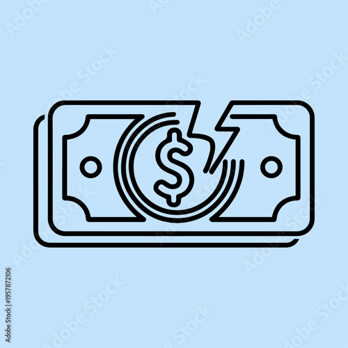 Broken and split Dollar Banknote Icon Vector Illustration Representing Financial Crisis, Debt, Bankruptcy, or Economic Downturn