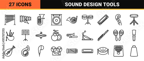 Musical Instruments and Audio Equipment Minimalist Monoline Outline Symbols Featuring Orchestral Gear and Sound Studio Hardware Design