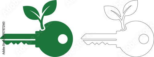Green key with sprouting leaves and outline key leaf