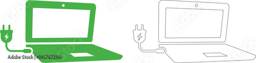 Green laptop charging and outline laptop with plug