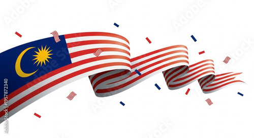 Malaysian Flag Ribbon Waving with Confetti, Celebrating National Pride and Independence