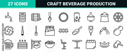 Craft Brewery and Beer Culture Minimalist Monoline Outline Symbols for Professional Beverage Branding and Pub Industry Interface Design