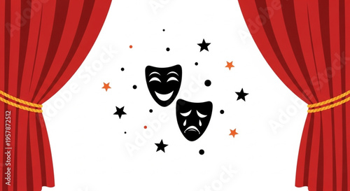 Dramatic red theater curtains open to reveal classic comedy and tragedy masks, a powerful symbol for the performing arts, stage productions, and theatrical entertainment