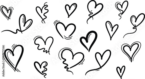 A collection of hand drawn hearts in various sizes and styles