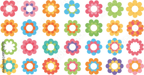 A colorful array of 28 flower like shapes in various colors and patterns