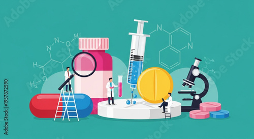 World Pharmacists Day Scientific research in pharmaceuticals and medicine, illustrating drug discovery and medical innovation with tiny figures