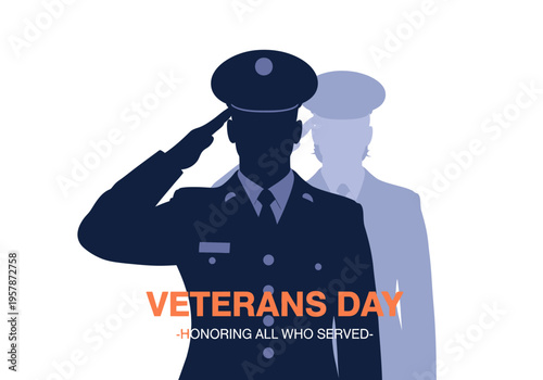 Veterans Day tribute illustration featuring saluting soldiers silhouette with text 'Honoring All Who Served' on a white background.