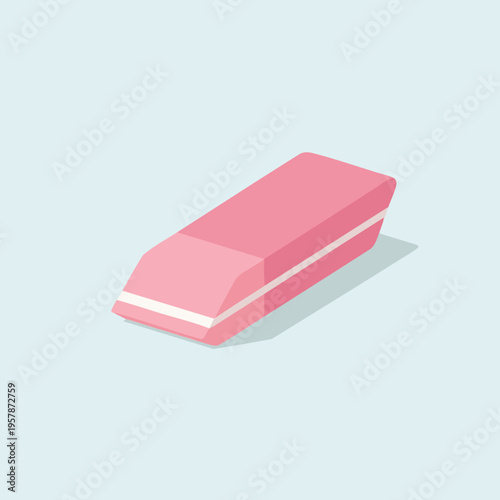 A pink rectangular eraser with white stripes and a subtle shadow, isolated on a light blue background