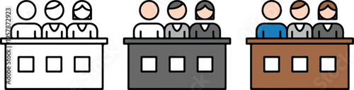Set of three minimalist icons showing a legal jury in a courtroom for trial justice and law concepts.