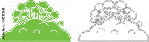 Green mushrooms growing on a stylized hill with outline