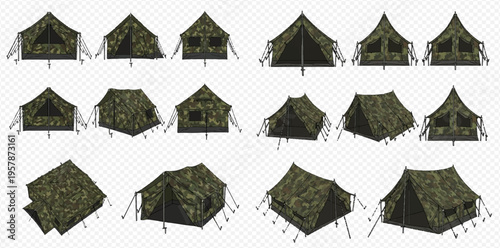 Set of various camouflage camping tents for outdoor adventures and military exercises.