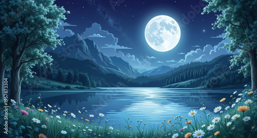 View of a Mountain Lake Under the Light of a Full Moon.