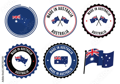 Set of Made in Australia Badges, Stickers, and Quality Labels. Features the Australian Flag, Map Silhouette, and Waving Flag Icons for Products, Export, and Branding.
