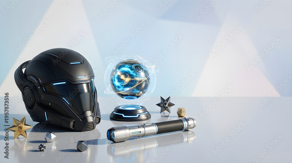 Obraz premium Futuristic Sci-Fi Equipment Collection with a Black Helmet, Glowing Holographic Orb, and Metal Hilt on a Minimalist Surface, Celebrating Star Wars Day Concept for Space Opera Fans.