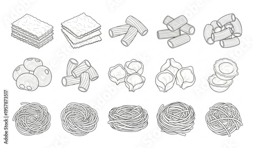 A detailed line art vector illustration of various pasta types displayed in a structured grid layout on a solid white background. Each pasta shape, including lasagna sheets, rigatoni, tortellini, and 