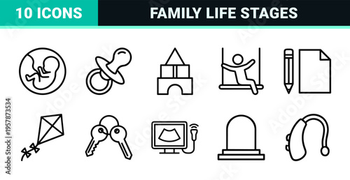 Human Life Cycle and Family Milestones Minimalist Monoline Geometric Line Art for Demographic and Sociological Infographics.