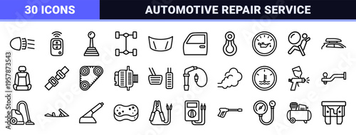 Automotive Service and Car Repair Maintenance Minimalist Monoline Geometric Line Art Symbols for Professional Mechanic Workshop Utility.