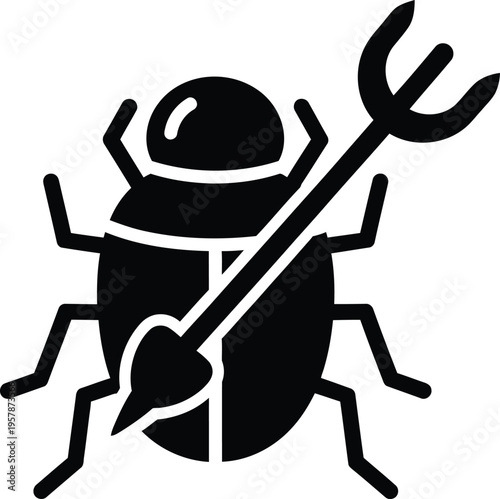 Black beetle holding a pitchfork on white background
