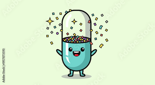 Playful blue cup with a happy face and popping confetti