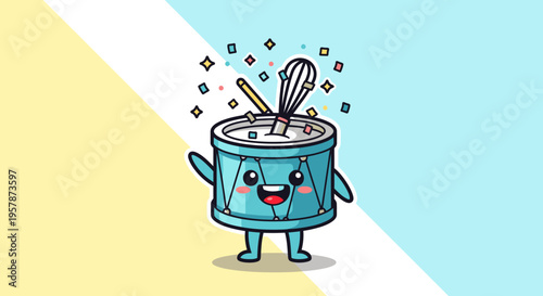 Playful blue cooking pot character smiling